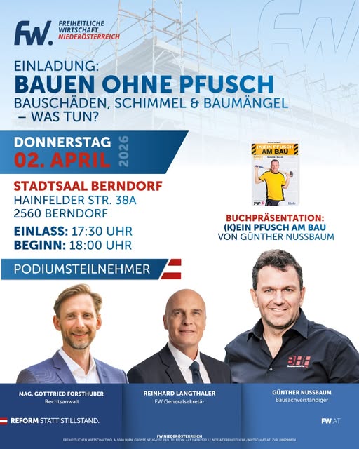 Bauen ohne Pfusch, 02.04 2026: Beginn 18:00, Stadtsaal Berndorf