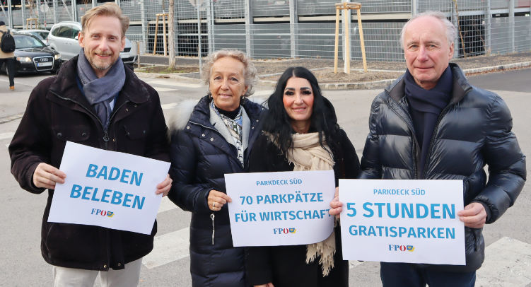 GR Mag Gottfried Forsthuber, Mag. Gabriele Gerstner (Gabi’s Alpengwandl), Astrid Sinkovits und FP-Obmann René Hansy fordern 5 Stunden Gratis Parken im Parkdeck Süd und 70 Gratis-Parkplätze für die Wirtschaft. Ziel: Baden als Einkaufsstadt wieder attraktiv machen.